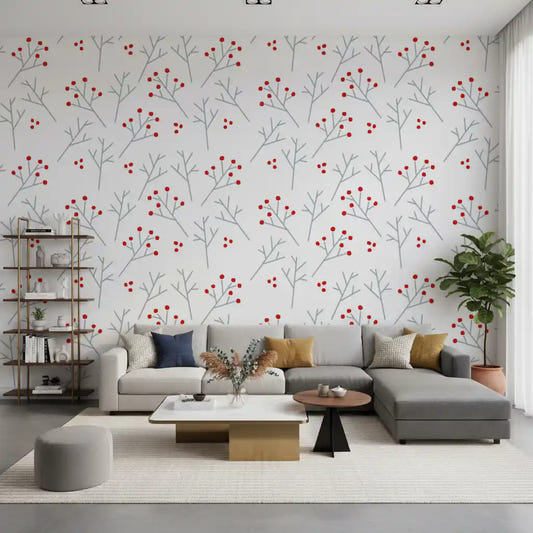 Living room in Scandi Berry Branches wallpaper, gray twigs with small red dots.