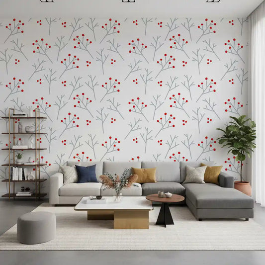 Living room in Scandi Berry Branches wallpaper, gray twigs with small red dots.