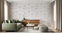 Scarlet scatter between pale twig sprays in Scandi Berry Branches wallpaper.