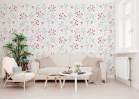 Three tones stay relaxed in Scandi Berry wallpaper across one living room surface.
