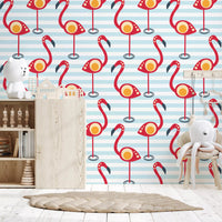 Brushing a nursery, Retro Flamingo Fun Wallpaper teams coral birds with pastel stripes.