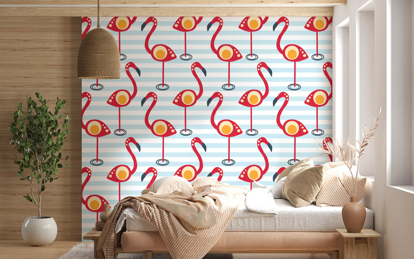 Bold beaks and round eyes mark each bird in the Retro Flamingo Fun Wallpaper repeat.