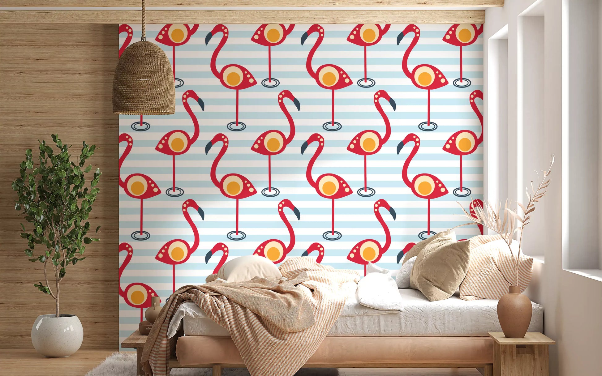 Bold beaks and round eyes mark each bird in the Retro Flamingo Fun Wallpaper repeat.