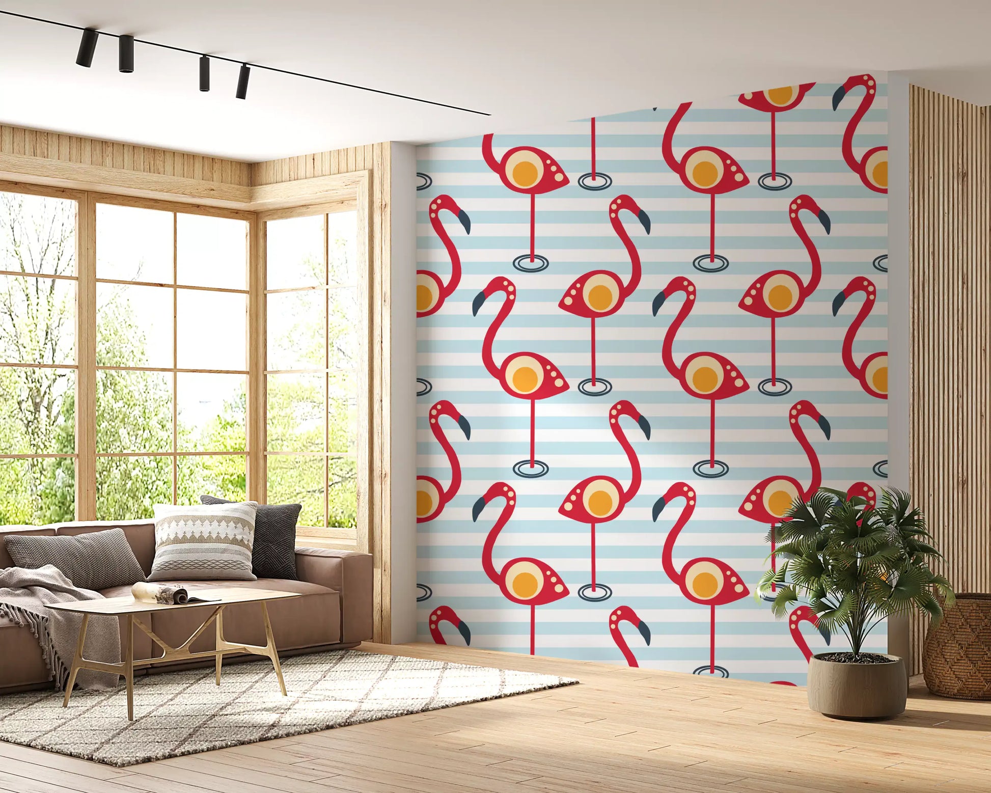 Striped sky pairs with red flamingos in a Living room of Retro Flamingo Fun Wallpaper.