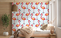 Retro Flamingo Fun Wallpaper makes a bedroom feel like a chirpy striped hangout.