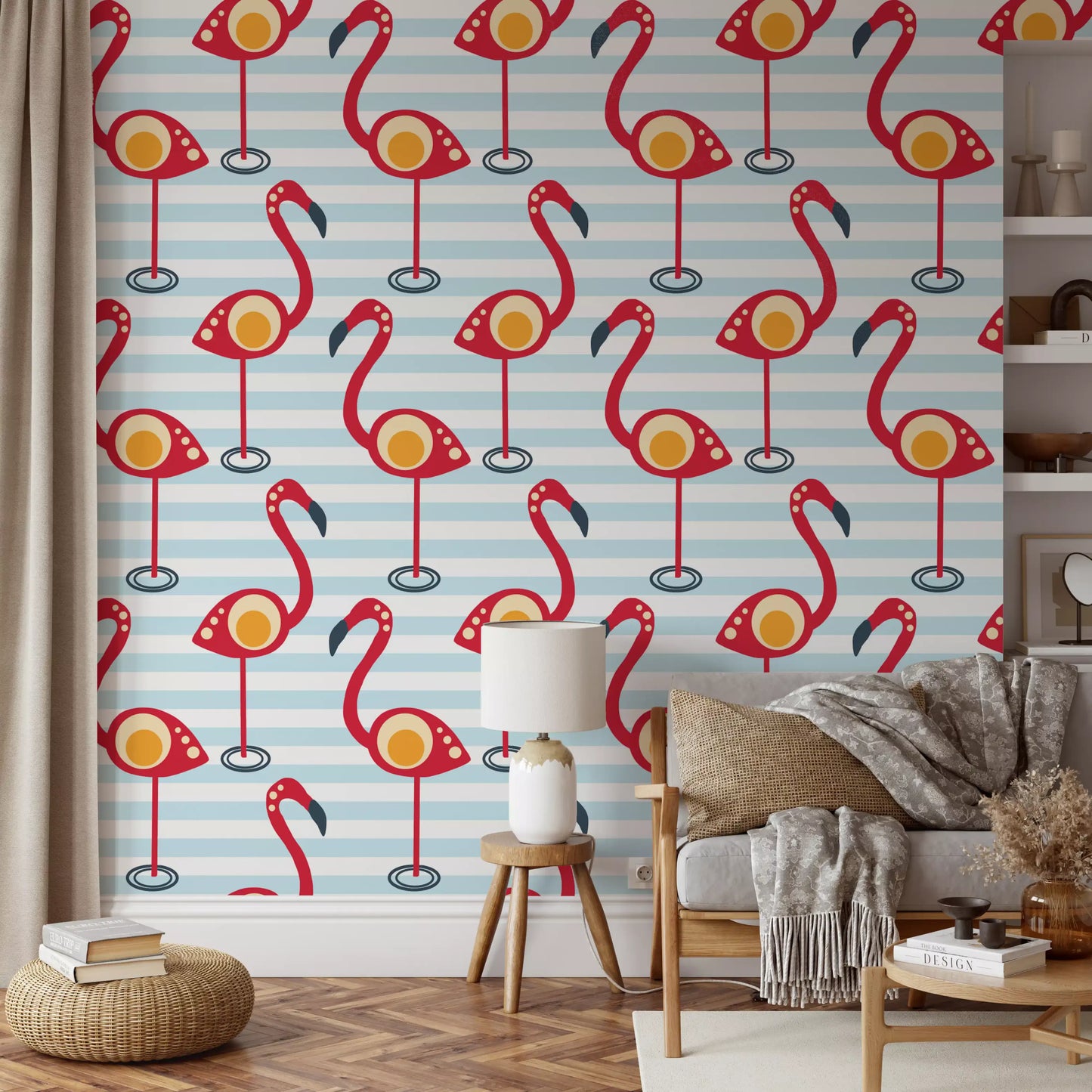 Cartoon flamingos perch on pale stripes within a Retro Flamingo Fun Wallpaper sheet.