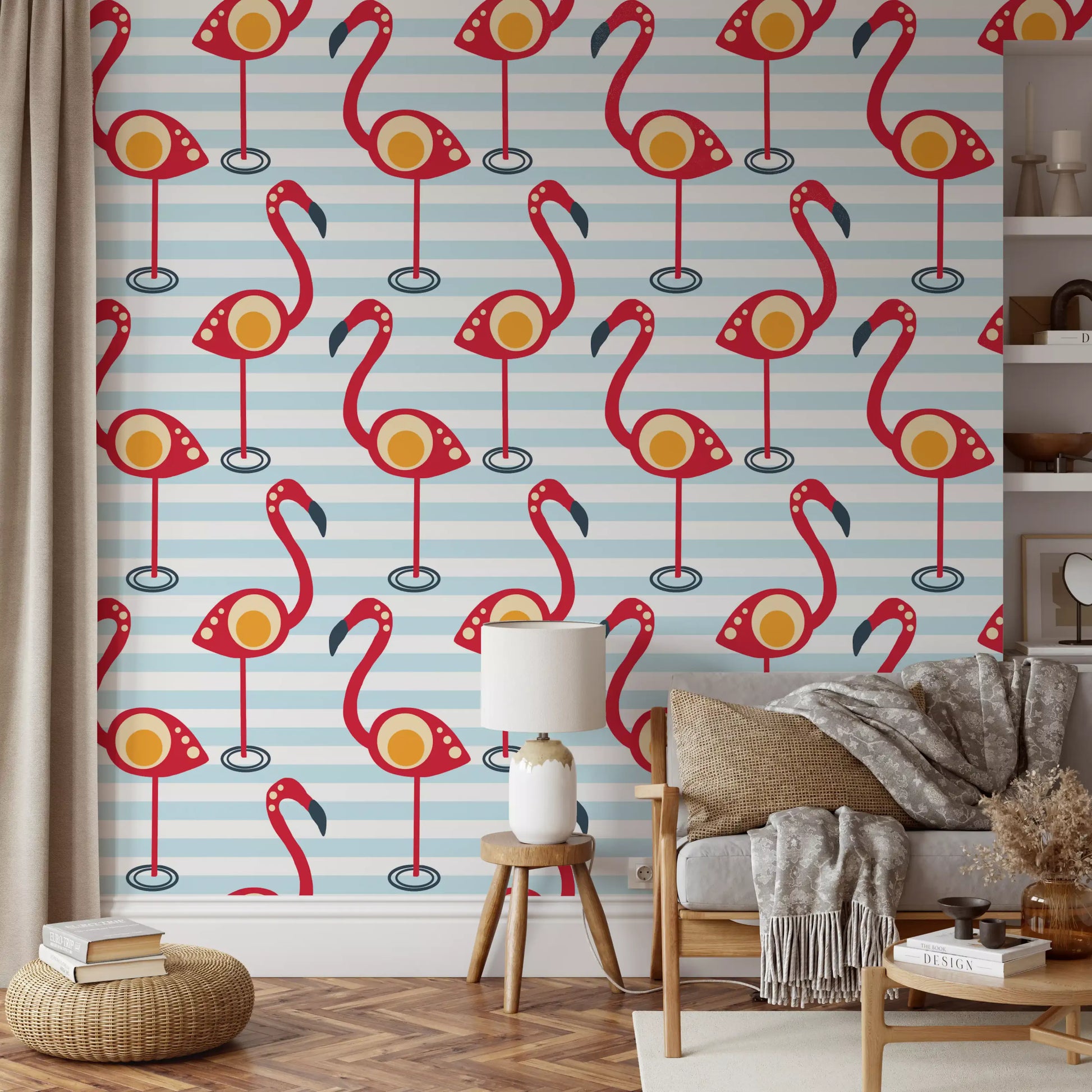 Cartoon flamingos perch on pale stripes within a Retro Flamingo Fun Wallpaper sheet.