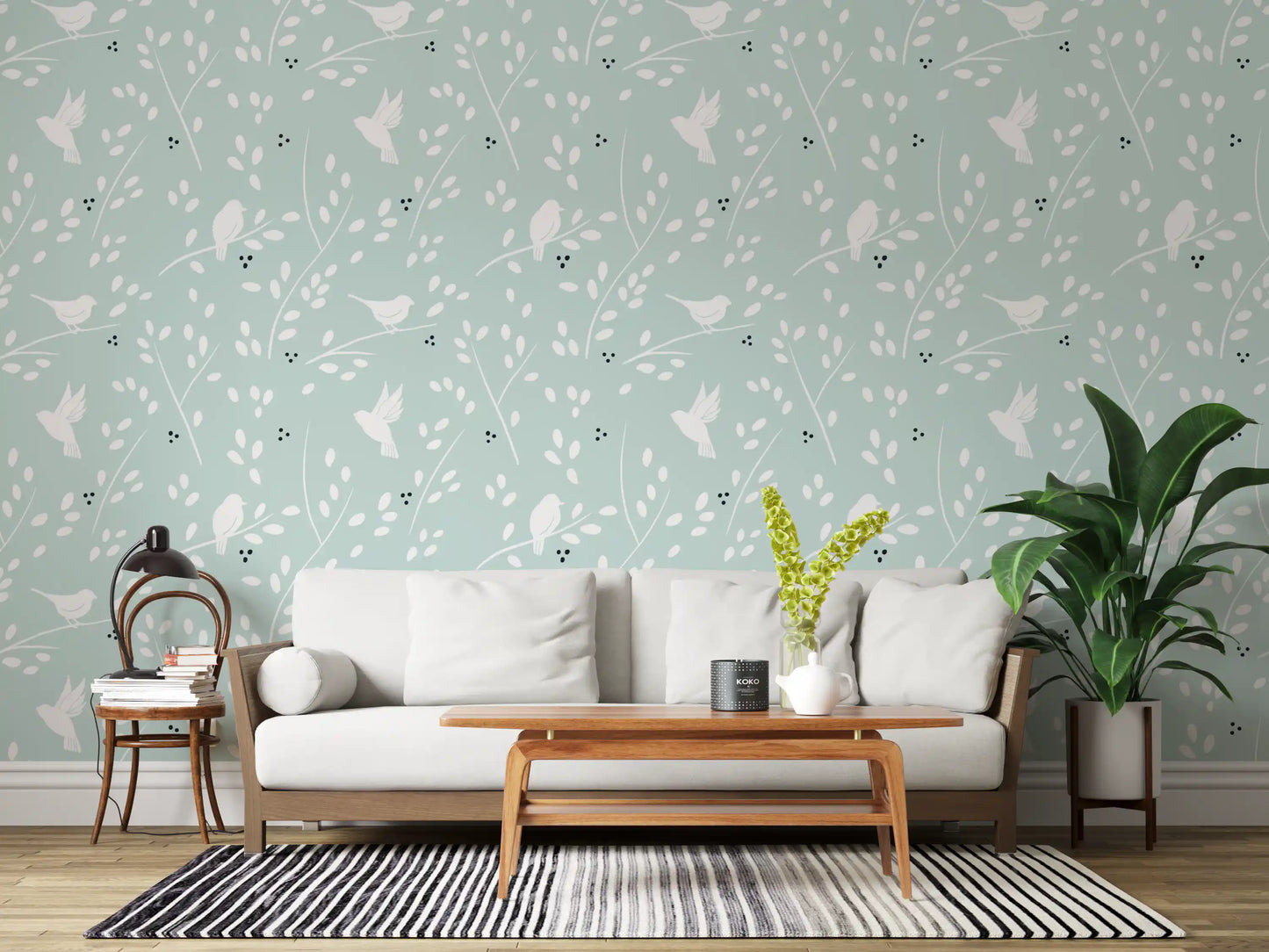 Leaves, branches, and berries shape the open Serene Sky Birds wallpaper composition.