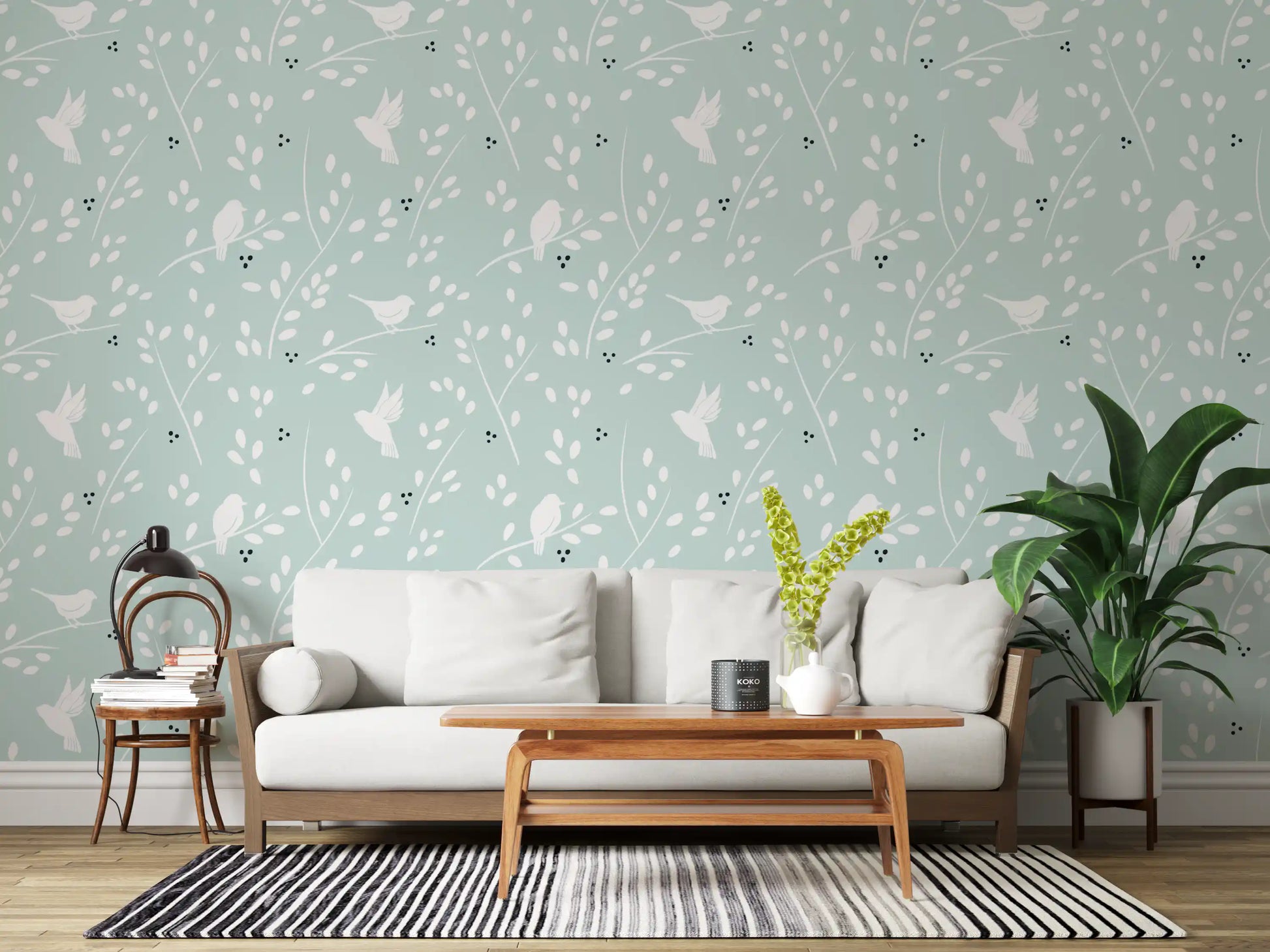 Leaves, branches, and berries shape the open Serene Sky Birds wallpaper composition.