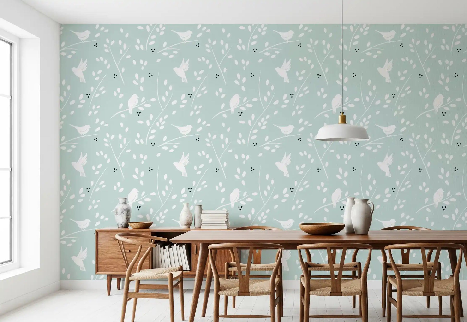 Pale aqua background sets a Dining room the Serene Sky Birds wallpaper layout.