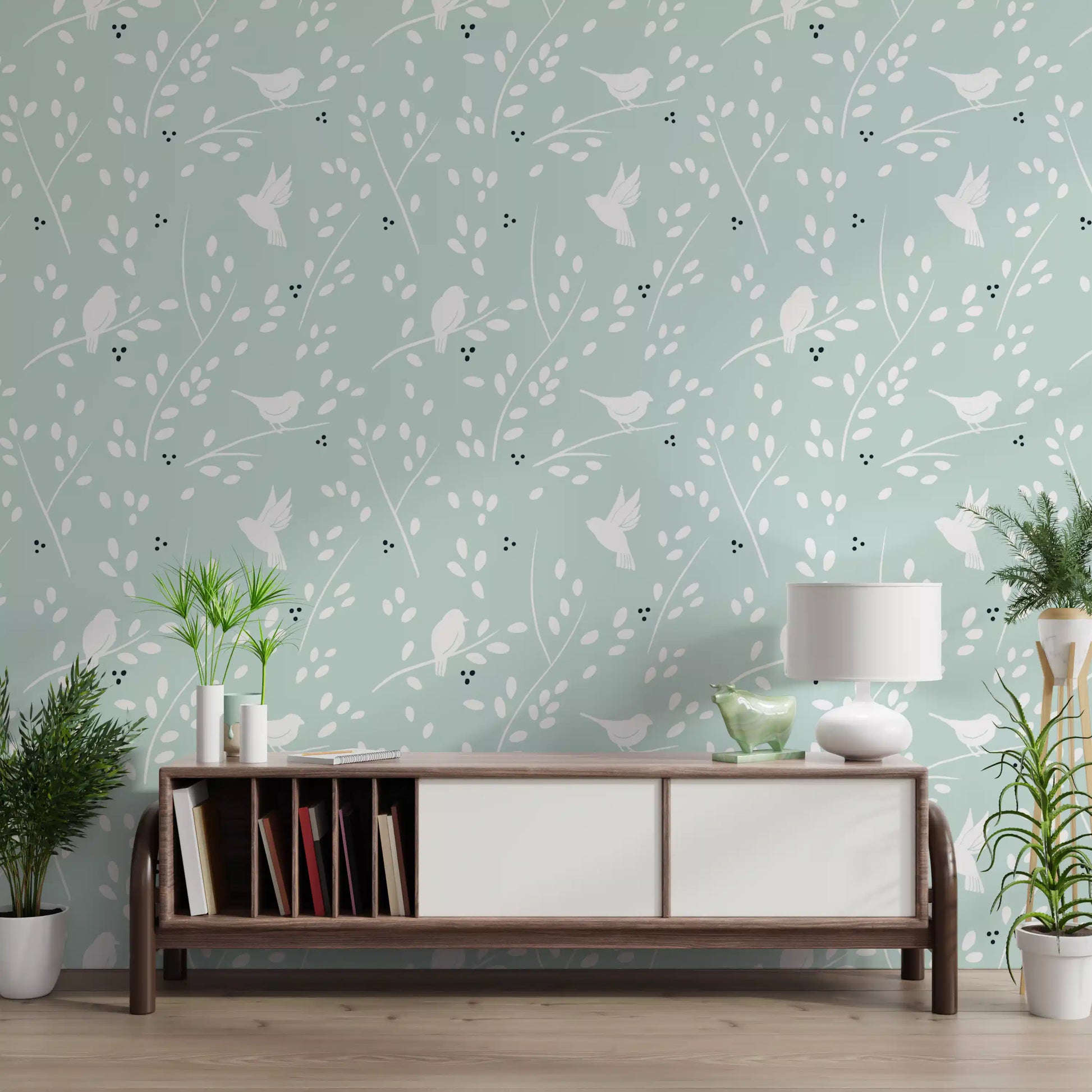 Tiny silhouettes run along a hallway behind the Serene Sky Birds wallpaper panel.
