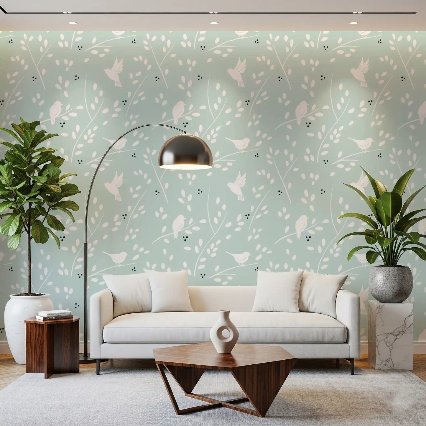 Serene Sky Birds wallpaper pairs naturally with a calm living room palette.