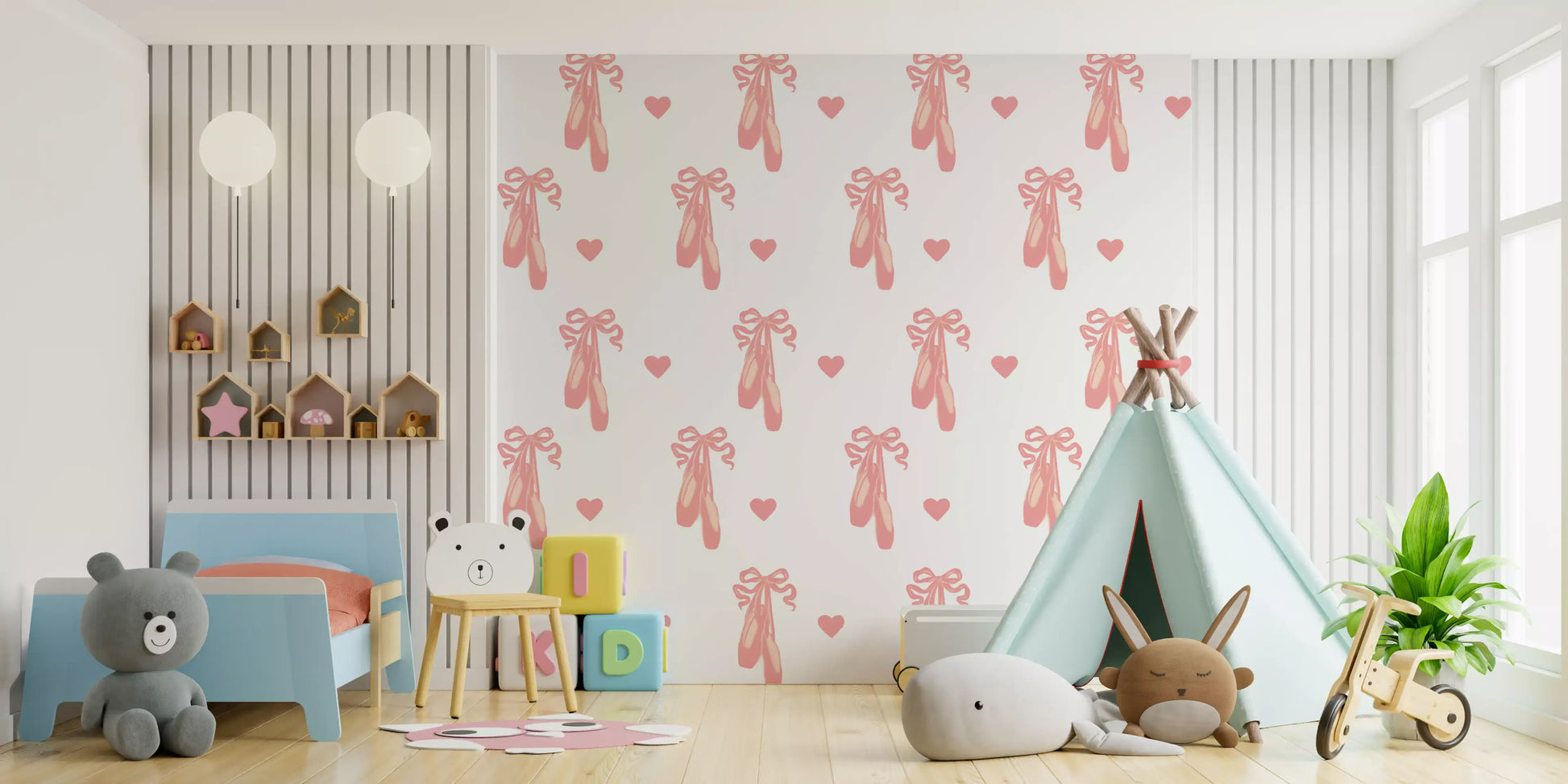 Curled ribbons, pink pointe shoes, and hearts repeat through Ballet Dreams wallpaper.