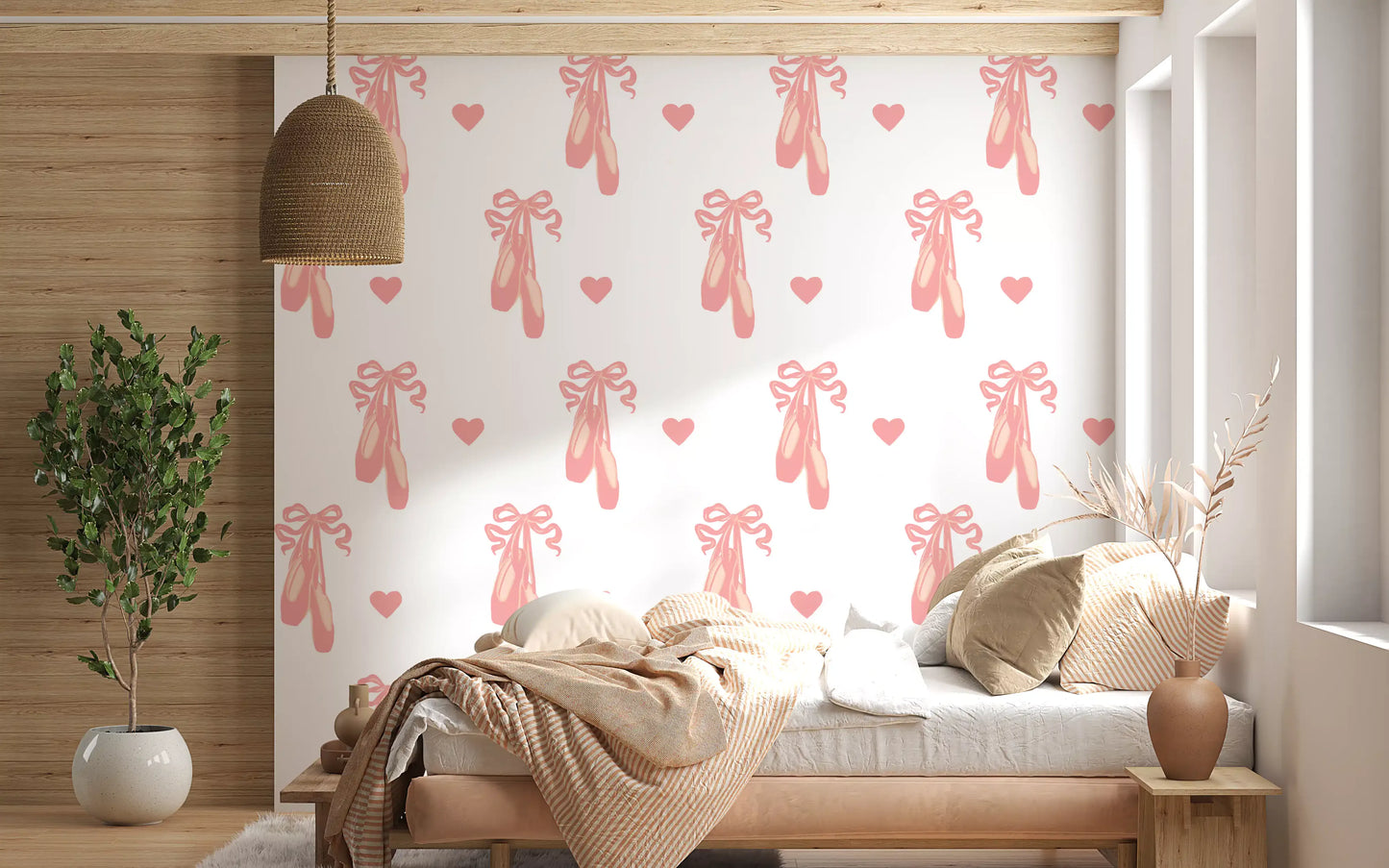 Cream tones and pink touches set the mood on Dreams wallpaper across a bedroom.
