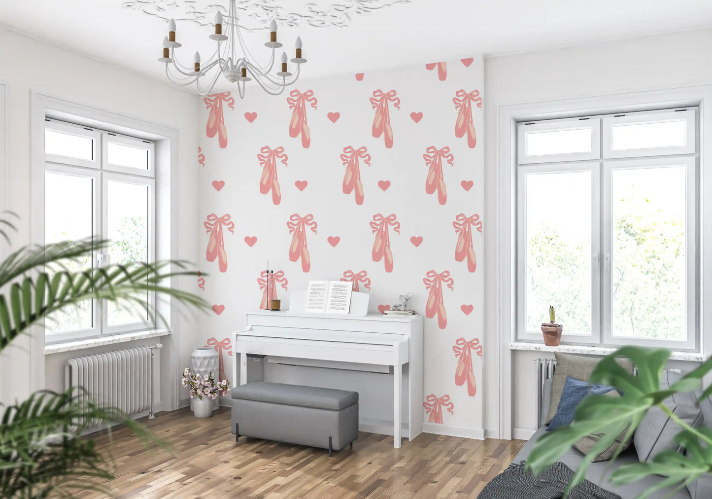 Music room corner takes on charm with Sweet Dreams wallpaper and its dancing slippers.