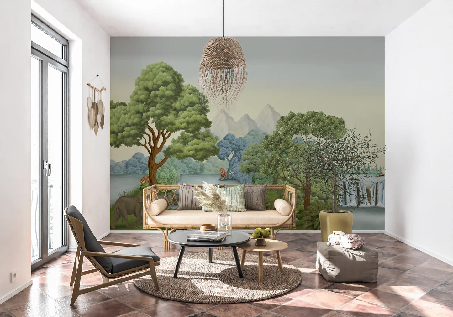 Tigers and a lone lion populate Safari River Oasis wall mural without much fuss.