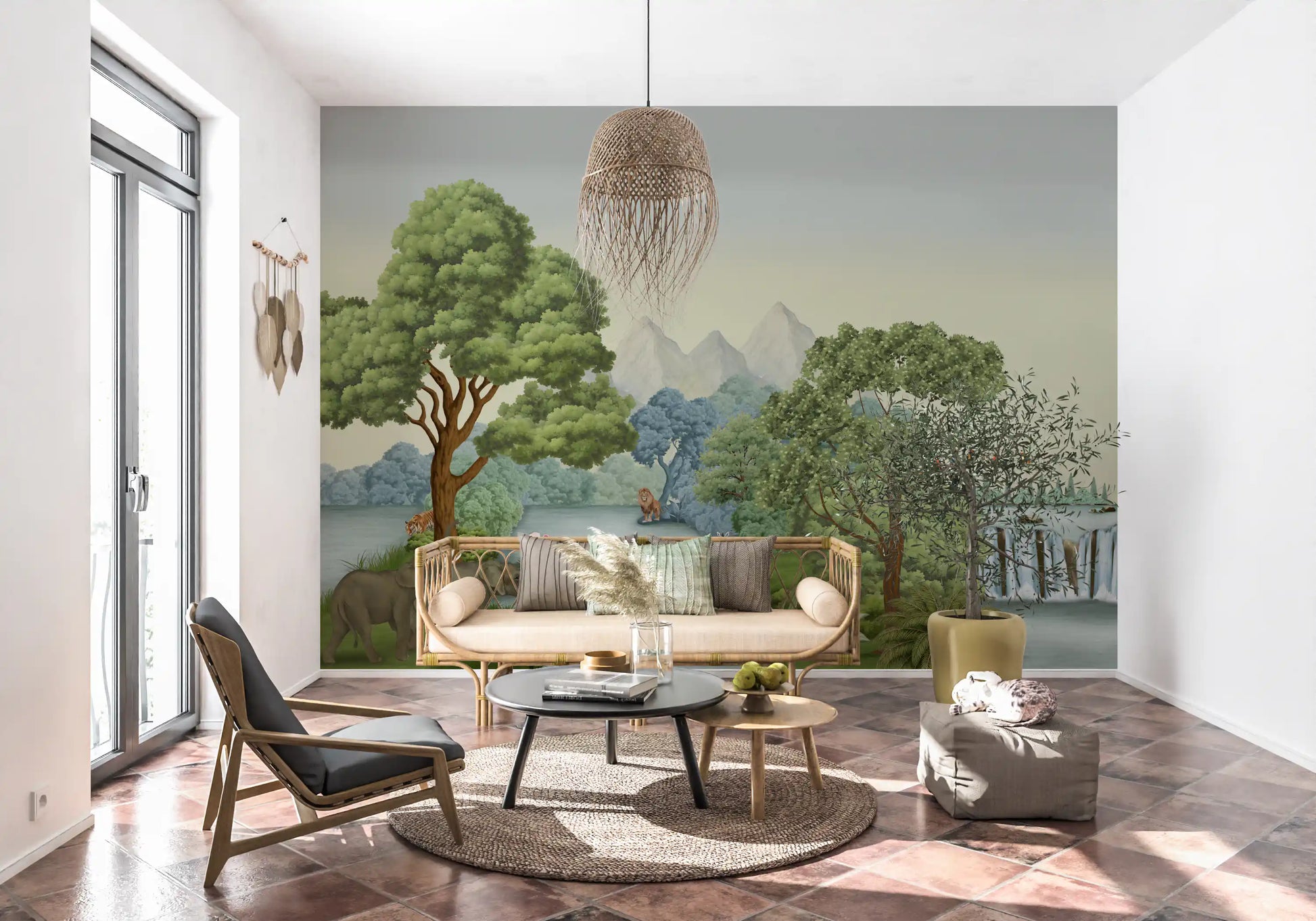 Tigers and a lone lion populate Safari River Oasis wall mural without much fuss.