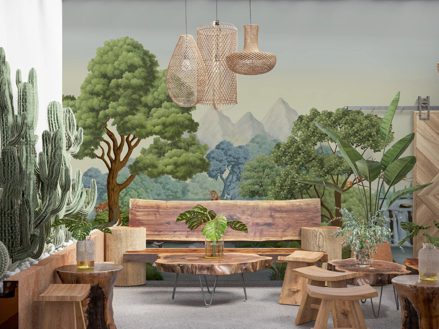 Standing among grass, zebras graze in Safari River Oasis wall mural near towering peaks.