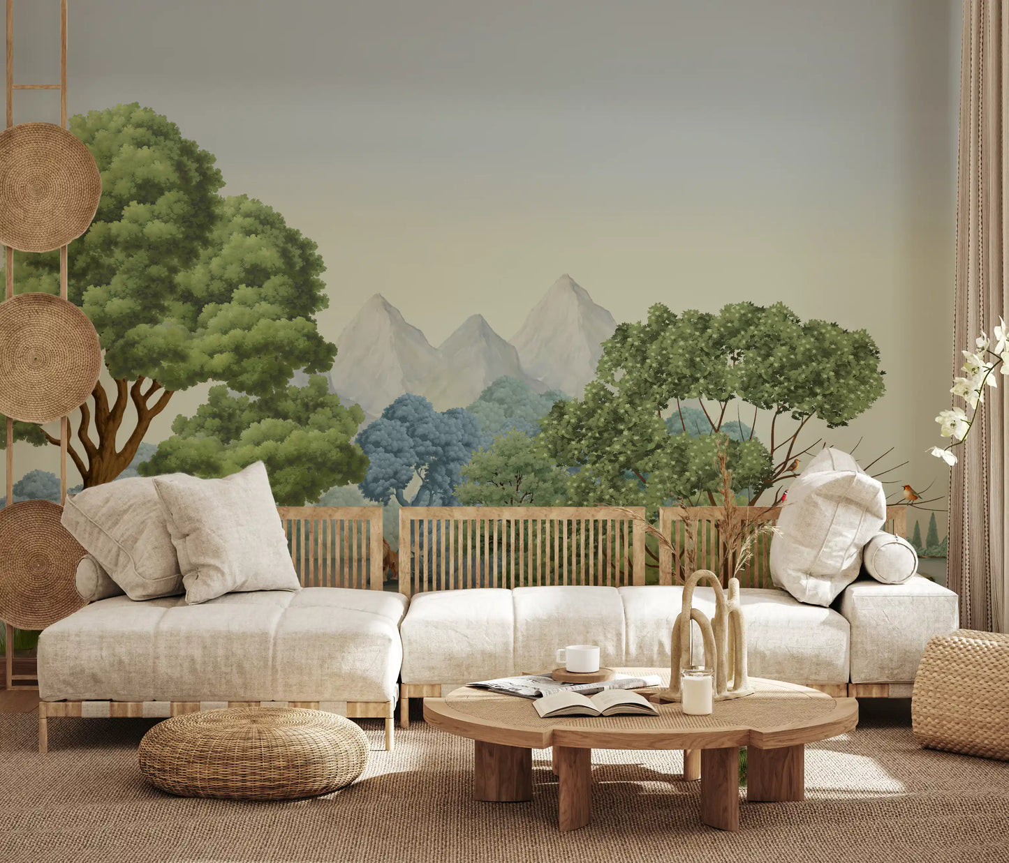 A small waterfall slips down rocks within Safari River Oasis wall mural.