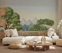 A small waterfall slips down rocks within Safari River Oasis wall mural.