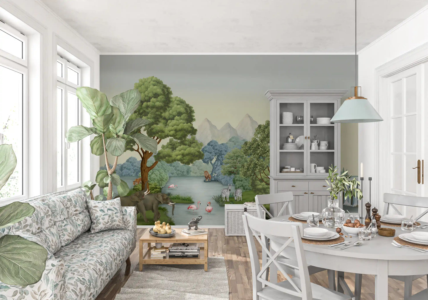 Painted elephants wade past pink flamingos in Safari River Oasis wall mural.