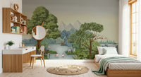 Tucked into a bedroom corner, Safari River Oasis wall mural quiets the whole space.
