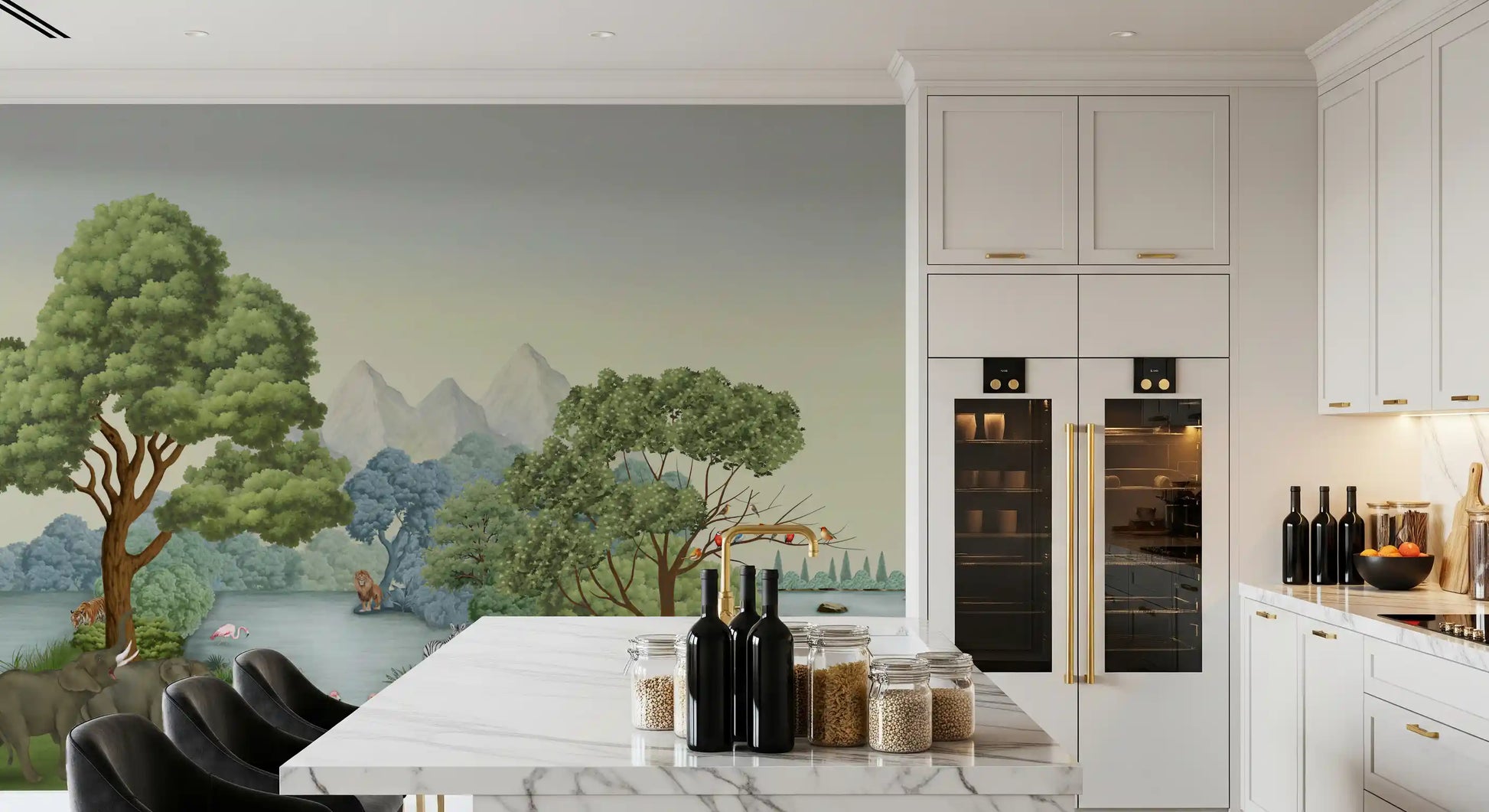Animals a long Kitchen and dining area  in Safari River Oasis wall mural panels.