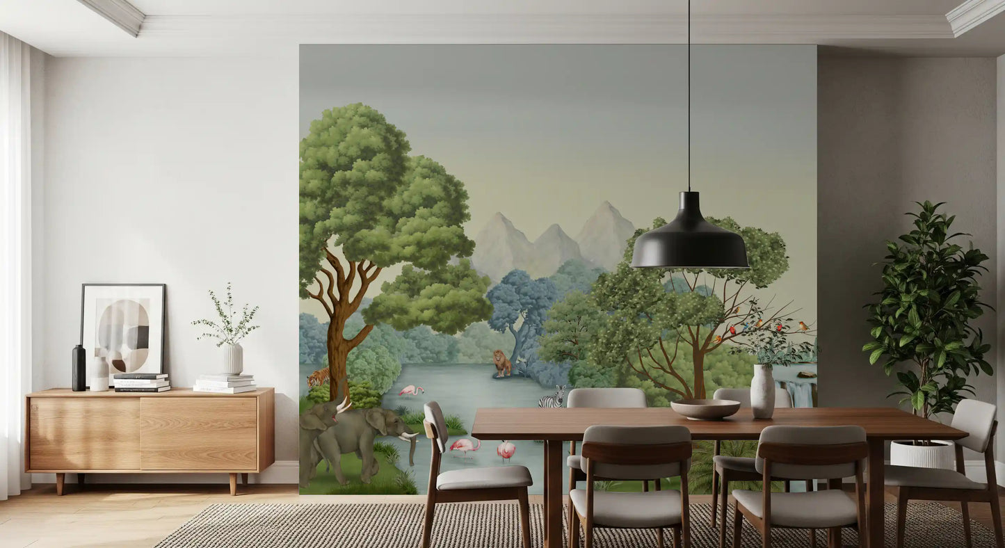 Above a quiet dining room setup, this Safari River Oasis wall mural sits in view.