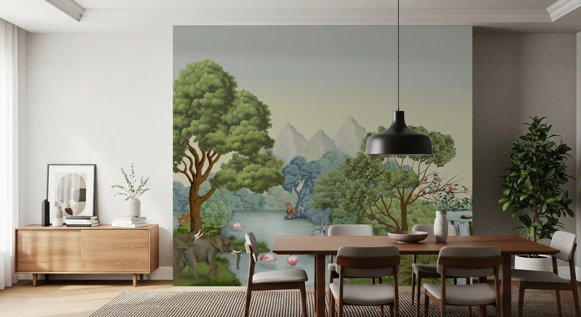 Above a quiet dining room setup, this Safari River Oasis wall mural sits in view.