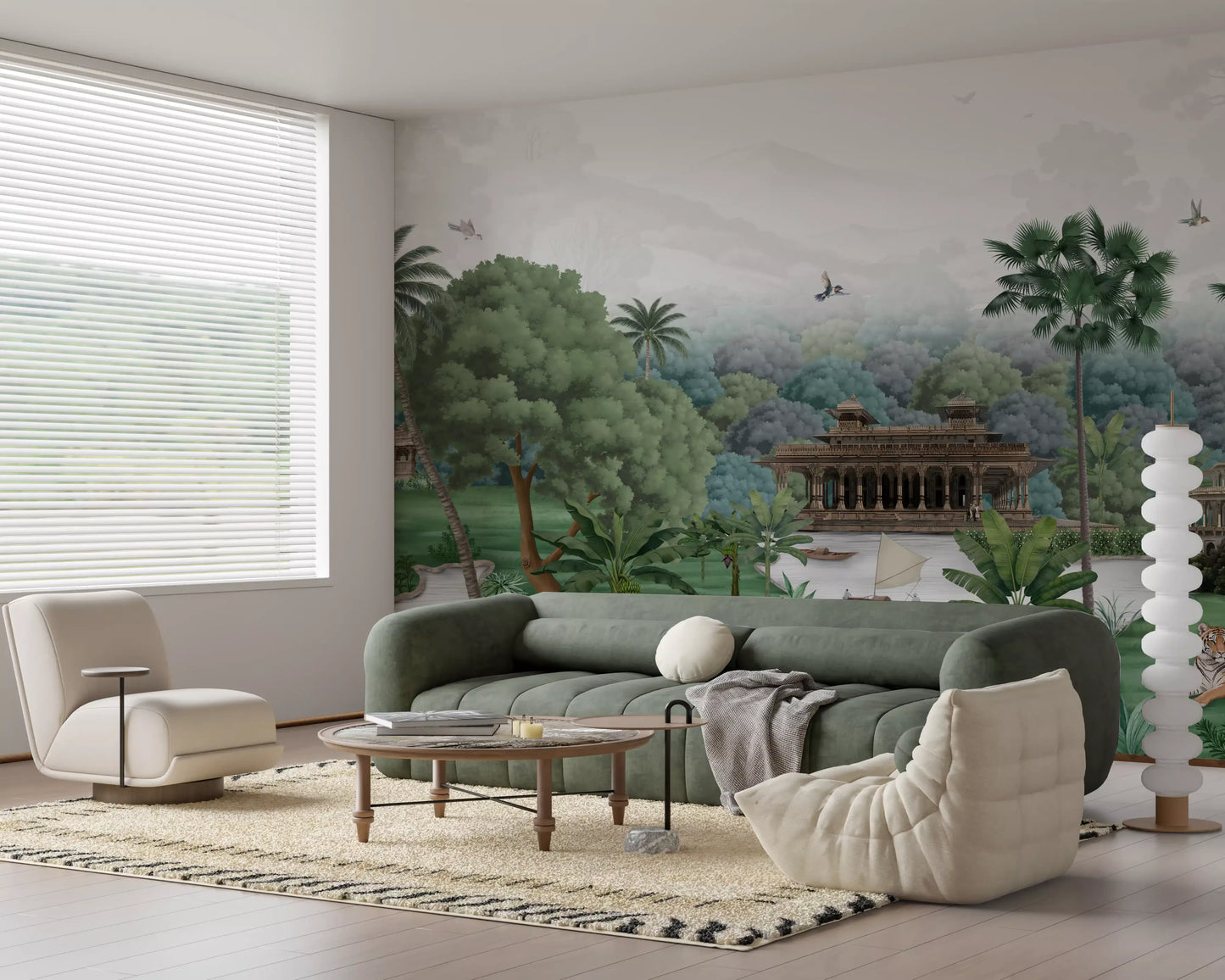 A wide tropical scene plays across Emerald Jungle Palace wall mural in calm muted tones.