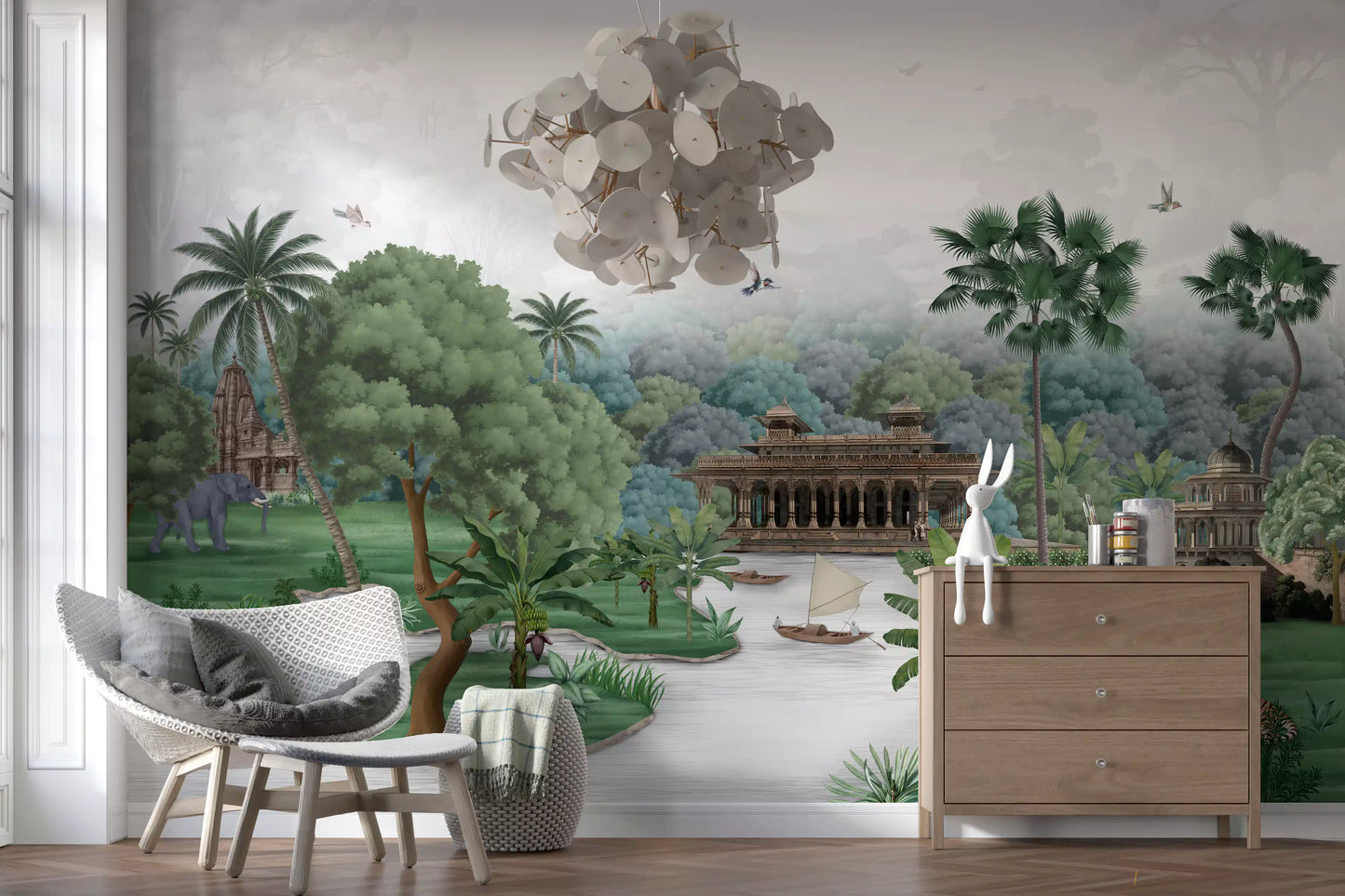 Emerald wall mural opens onto wide tropical scenery with elephants and tigers.