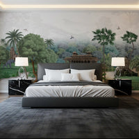 Stone shrines and palms cover Emerald Jungle Palace wall mural in a bedroom corner.
