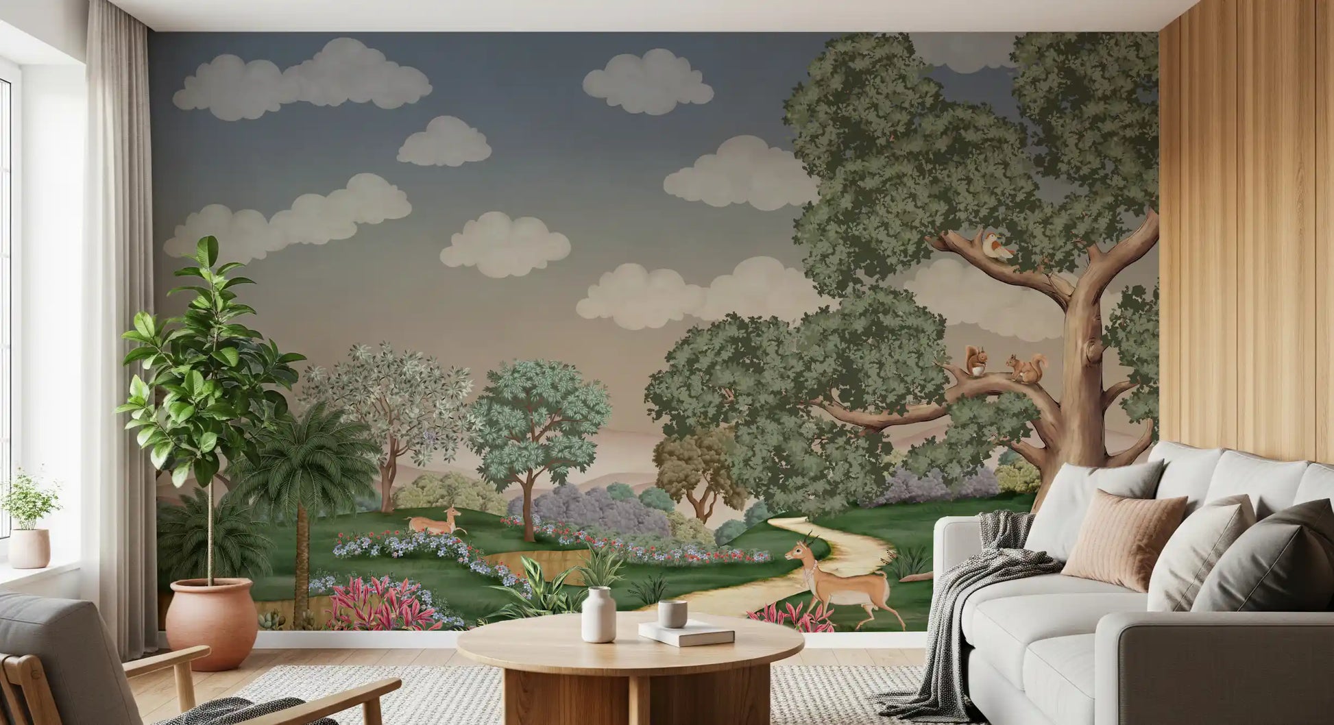 A Living room turns painterly with Forest Path Wall Mural and grazing deer.