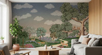 A Living room turns painterly with Forest Path Wall Mural and grazing deer.