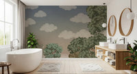 Clouds spread Enchanted Forest Path Wall Mural across a bathroom .