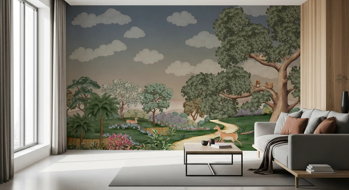 Floating clouds and green hills meet inside the Enchanted Forest Path Wall Mural sheet.