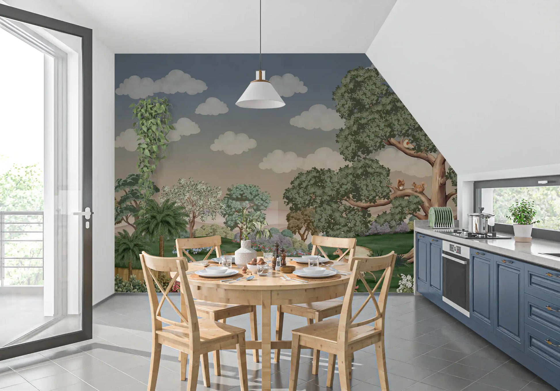 Squirrels chat on a high branch above grazing deer in Enchanted Forest Path Wall Mural.