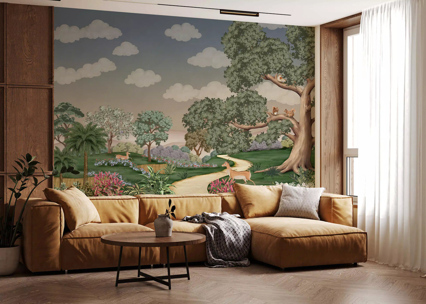 Tall trees and pinkish sky meet a hallway in Forest Path Wall Mural.
