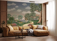 Tall trees and pinkish sky meet a hallway in Forest Path Wall Mural.