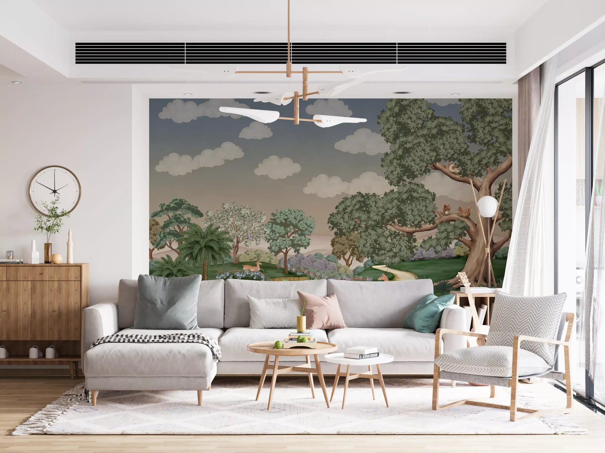 A sandy lane winds past tall trees and pastel hills in Enchanted Forest Path Wall Mural.