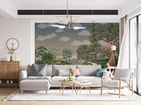 A sandy lane winds past tall trees and pastel hills in Enchanted Forest Path Wall Mural.