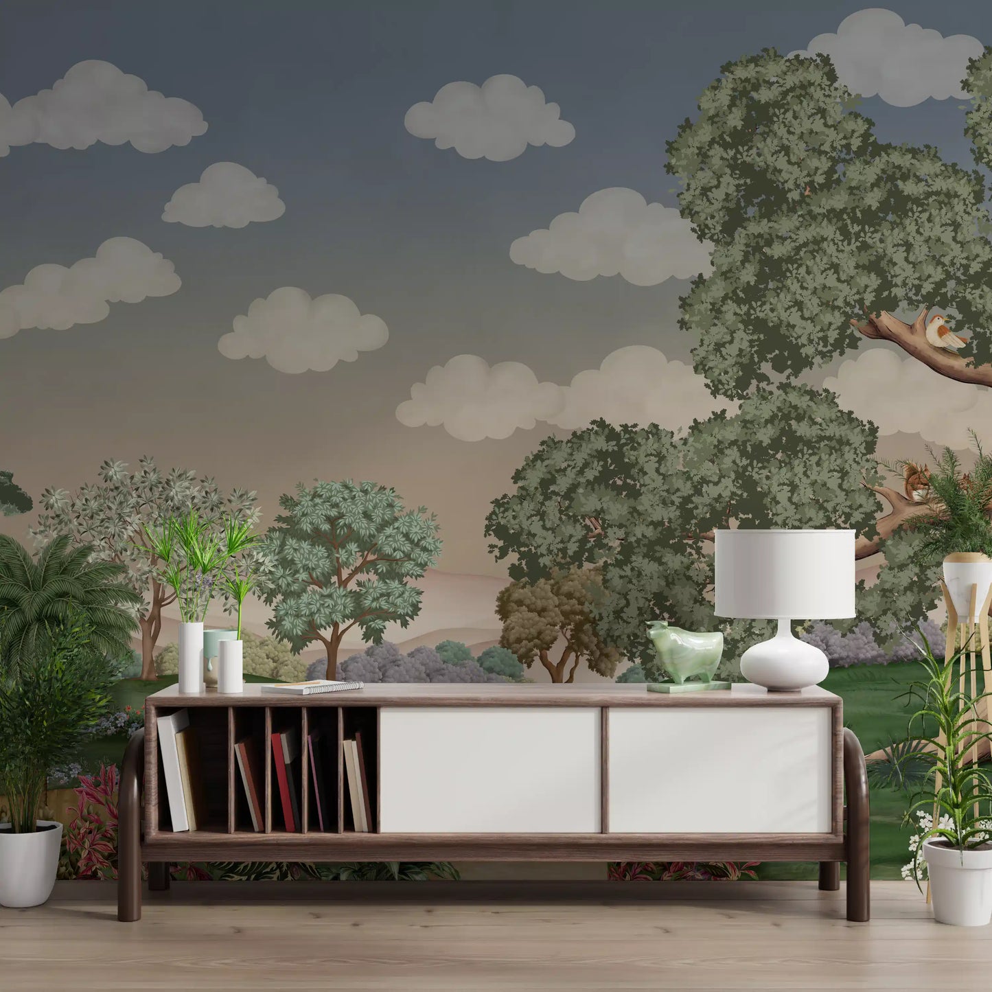horizon and grey wash a hallay backdrops with Forest Path Wall Mural glow.