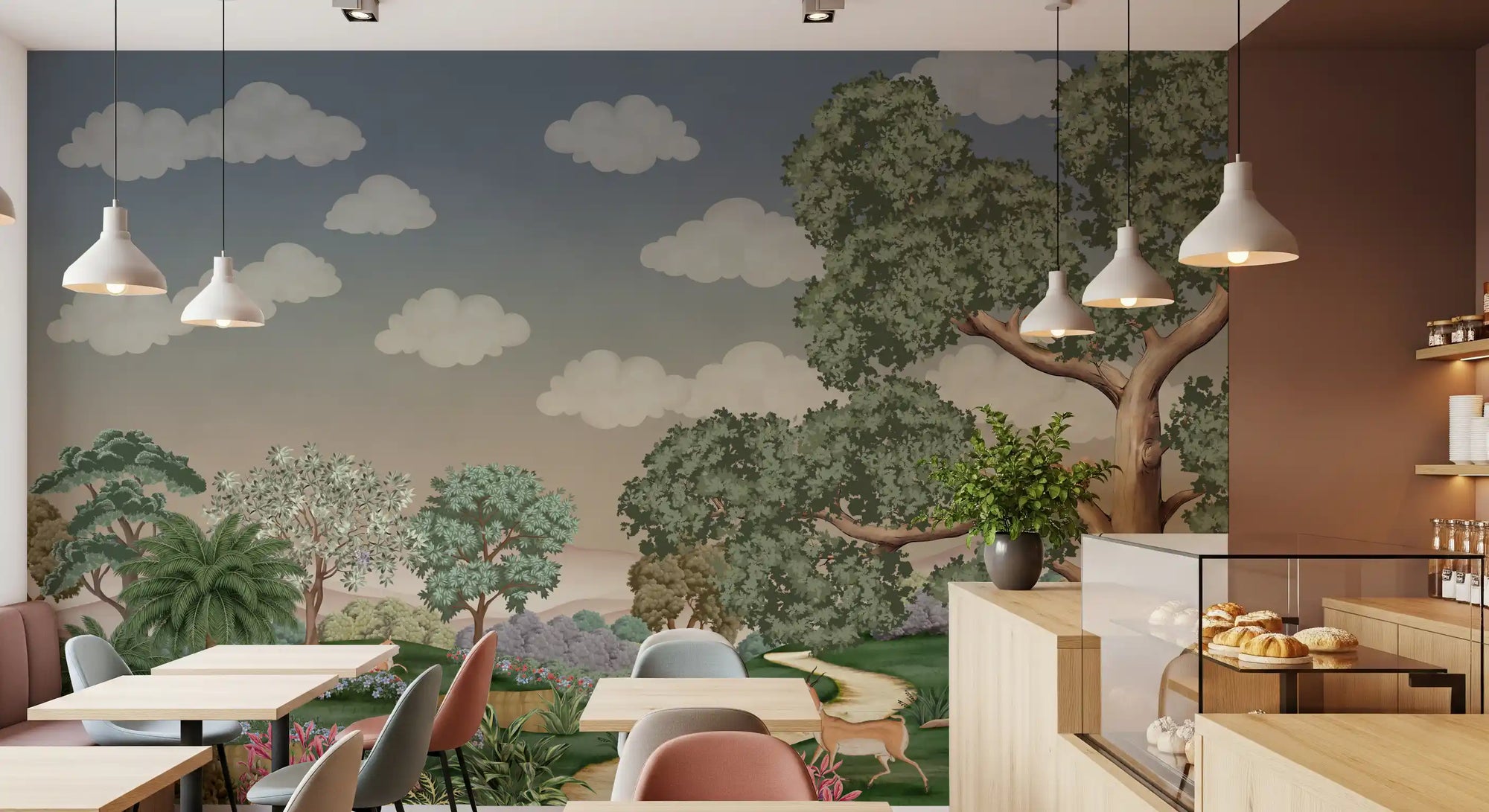 Deer and trees from Enchanted Forest Path Wall Mural give a Café and restaurant 