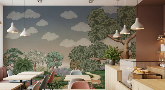Deer and trees from Enchanted Forest Path Wall Mural give a Café and restaurant 