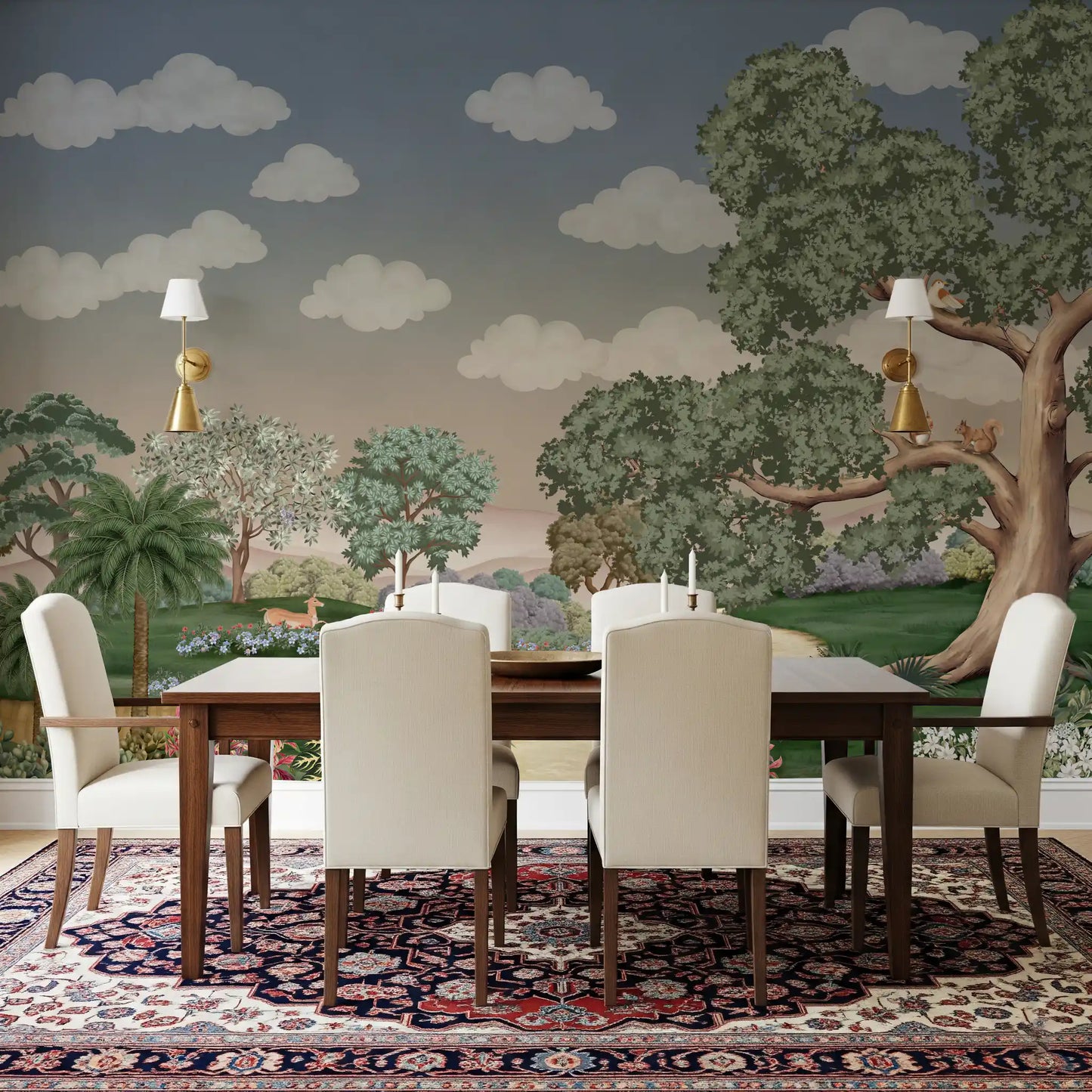 Three deer, two squirrels, and a robin fill the Enchanted Forest Path Wall Mural scene.