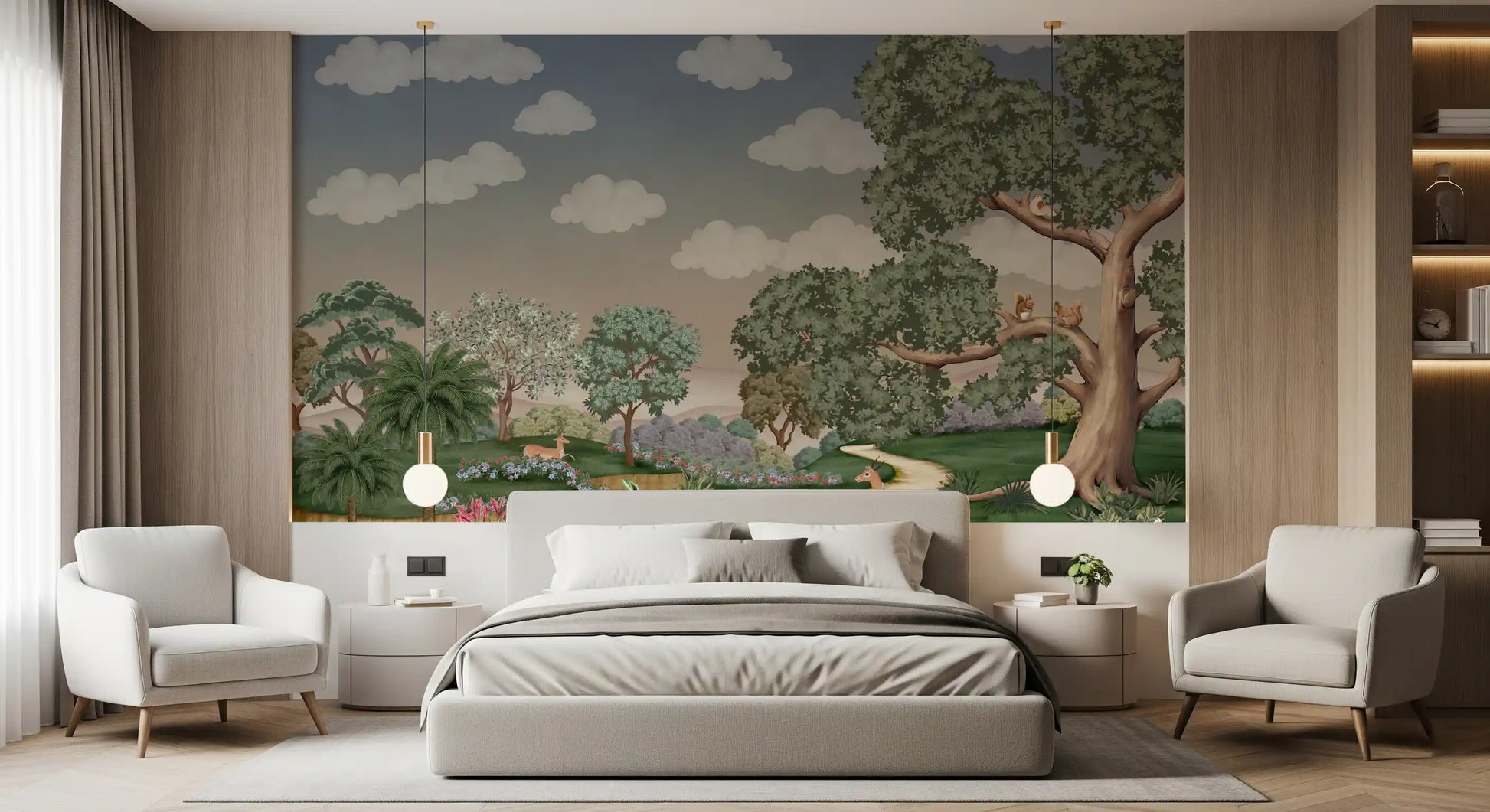 Enchanted Wall Mural lines a Bedroom with sandy paths and creamy clouds.
