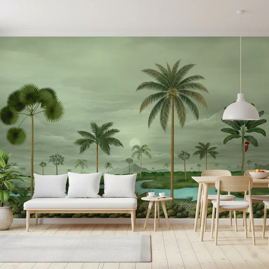 Dining room Lush River Palms mural with layered greenery and scenic depth