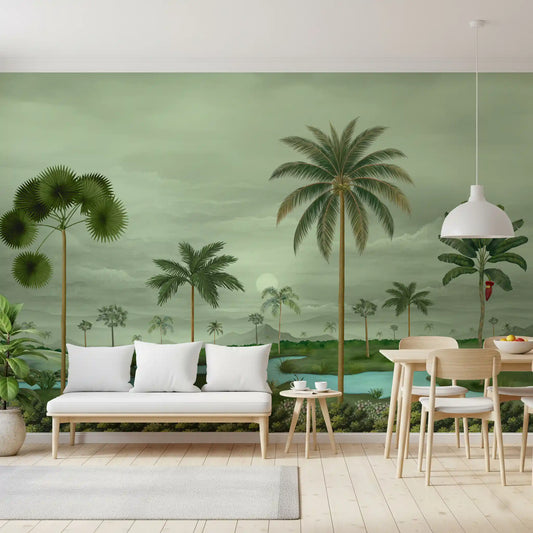 Dining room Lush River Palms mural with layered greenery and scenic depth