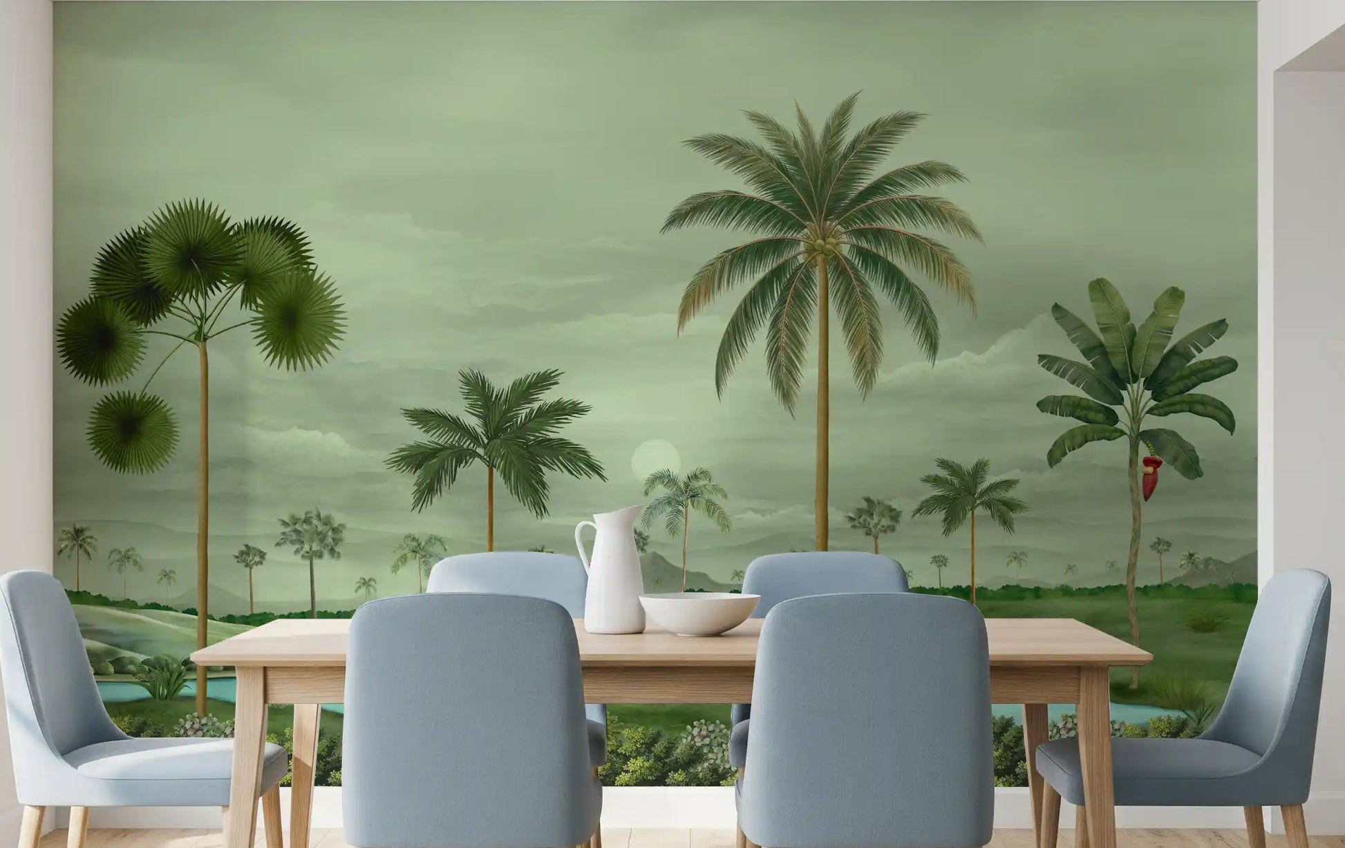 Dining room River Landscape Mural featuring palms and calm blue channels