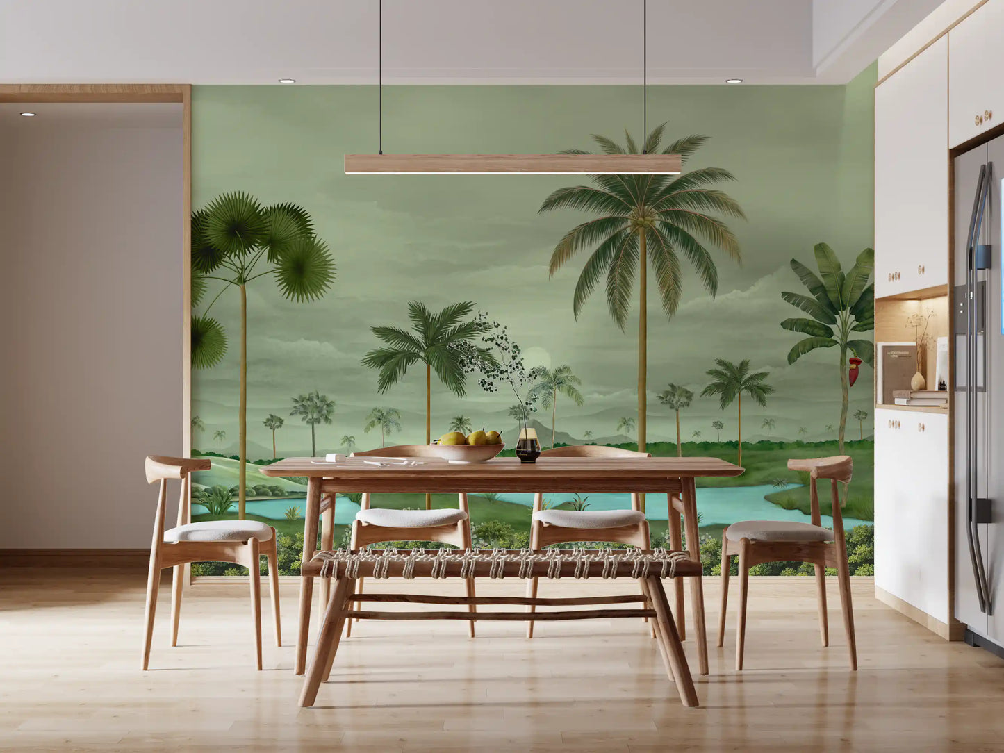 Dining room River Palms Wall Mural showing soft green land and distant hills